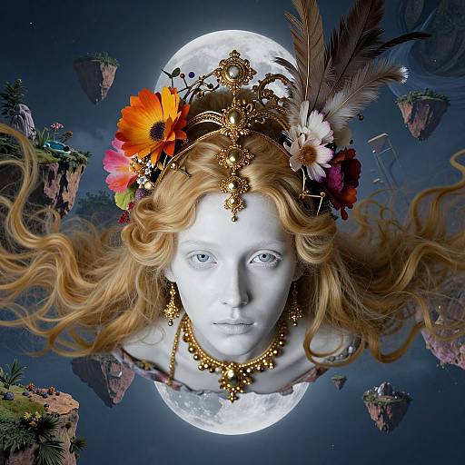 Photorealistic digital art: White-faced woman with wavy blonde hair, colorful flower crown, ornate headpiece, and jewelry, floating against a