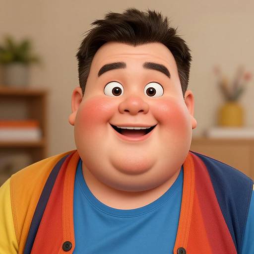 CGI cartoon of a chubby, smiling Asian man with short black hair, wearing a colorful shirt, blue t-shirt, and suspenders. Background is