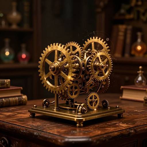 Photograph of intricate, golden clockwork gears on a wooden table, surrounded by books and glass bottles in a dimly lit, vintage study.