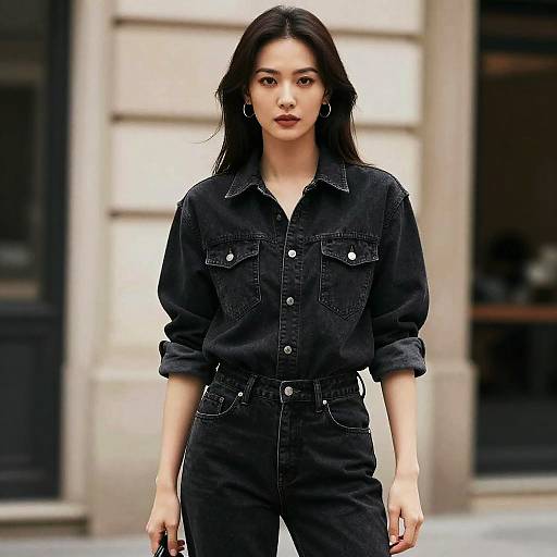 Photograph of an East Asian woman with long black hair, wearing a black denim shirt and high-waisted black jeans, standing in front of a
