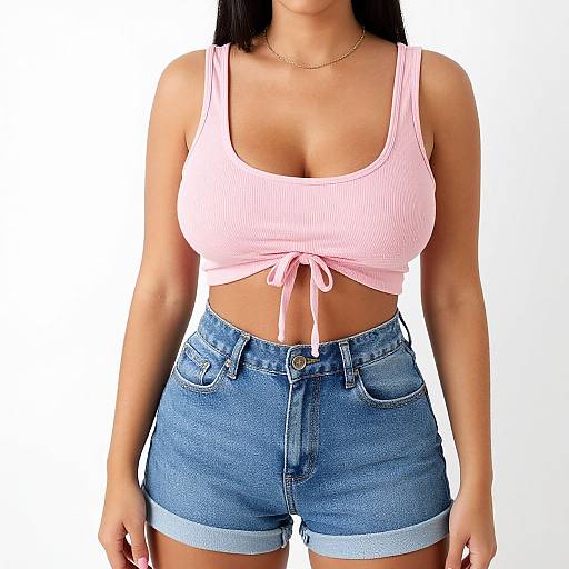 Photograph of a woman with tan skin, black hair, wearing a tied pink ribbed crop top and high-waisted blue denim shorts.
