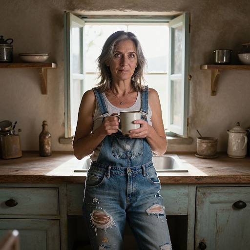 Photograph of a middle-aged woman with shoulder-length brown hair, wearing a white tank top and ripped denim overalls, holding a mug, standing in