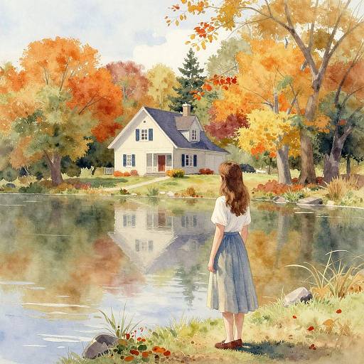 Digital painting of a woman with curly brown hair, wearing a white blouse and blue skirt, standing by a reflective autumn lake, gazing at a charming