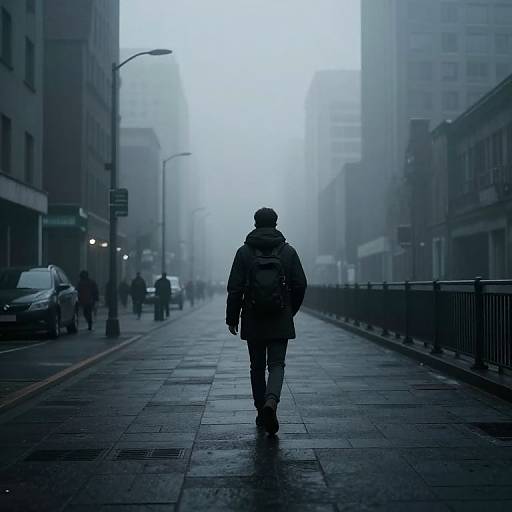 Photograph of a lone figure in a winter coat walking down a foggy, empty urban street at dawn, flanked by tall buildings and wet pavement