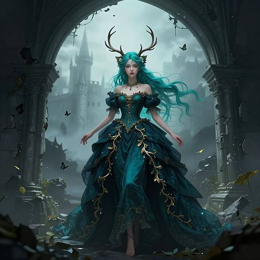 Digital fantasy artwork of a teal-haired, antlered woman in a black, gold-embellished gown, standing in a crumbling, Gothic arch