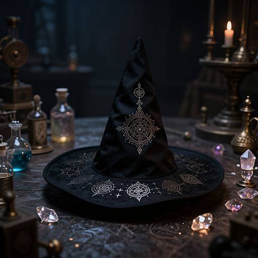 Mysterious dark witch hat with intricate white embroidery, centered on a black plate, surrounded by glowing crystals and candles in a dimly lit, magical workshop