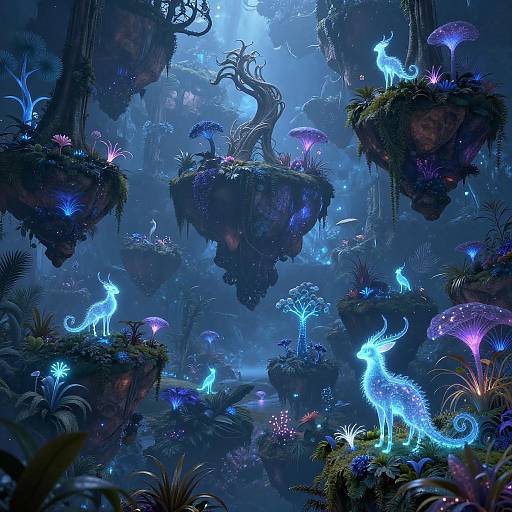 Fantasy World of Floating Islands with Bioluminescent Creatures