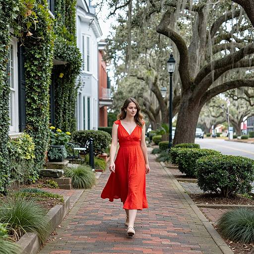 Photograph of a smiling woman in a red, V-neck dress walking on a brick sidewalk past white houses and large oak trees.