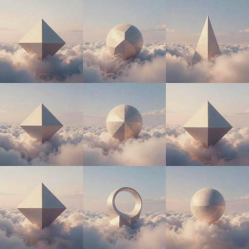 Photograph of geometric shapes (pyramids, spheres, circle) reflecting on a cloud-covered sky at sunrise, creating a surreal, celestial atmosphere.