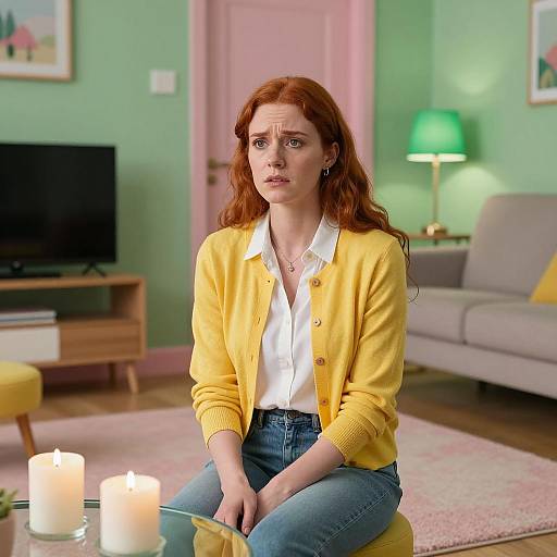 Concerned Woman in Colorful Room Setting