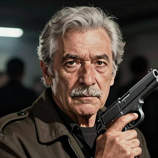 Intense Portrait of an Older Man with Gun