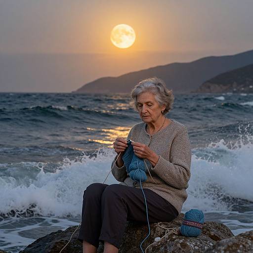 Photograph of an elderly woman with short gray hair knitting by the ocean at sunset, wearing a beige sweater and black pants. Waves crash behind her,
