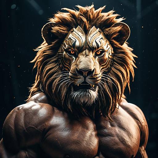 Hyperrealistic Muscular Man Wearing Lion Mask