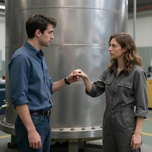 Man and Woman in Industrial Setting Holding Hands