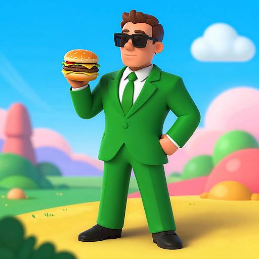 Cartoon-style digital drawing of a man in a green suit, black sunglasses, holding a burger, standing in a colorful, sunny outdoor landscape.
