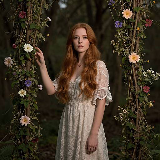Photograph of a fair-skinned, red-haired woman in a white lace dress, standing in a forest, framed by floral vines with colorful flowers.