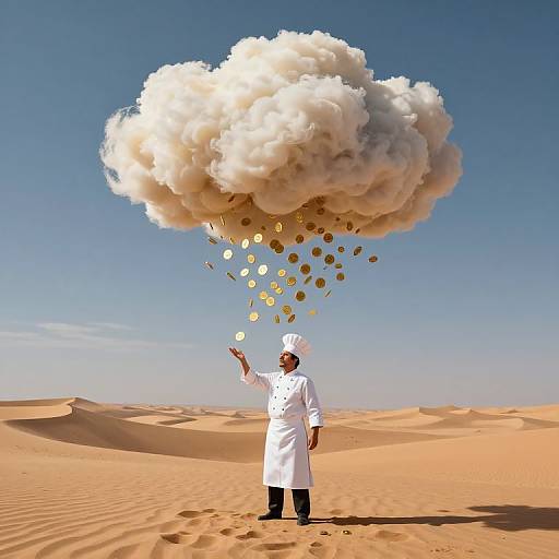 Photograph of a chef in a white uniform and hat, standing in a desert, lifting a cloud of fluffy white smoke with golden coins falling from it