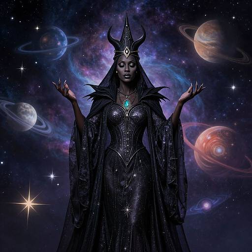 Mysterious dark-skinned queen in black, ornate space-themed gown with horned crown, turquoise gem, and cosmic planets backdrop. Digital art.
