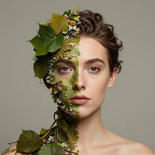 Photograph of a pale-skinned woman with dark curly hair, half face covered in green leaves and white flowers, gray background.