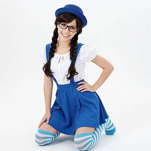 Photograph of a smiling young woman with glasses, blue beret, white blouse, blue skirt, striped blue and white knee socks, and suspenders