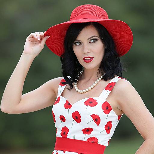 Photograph of a fair-skinned woman with black hair, wearing a red hat, white dress with red poppy flowers, red belt, and pearl