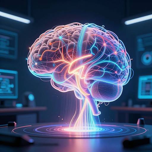 Digital CGI of a glowing, neon-blue and pink human brain with intricate wireframe lines, standing on a futuristic circular platform in a dark, high-tech