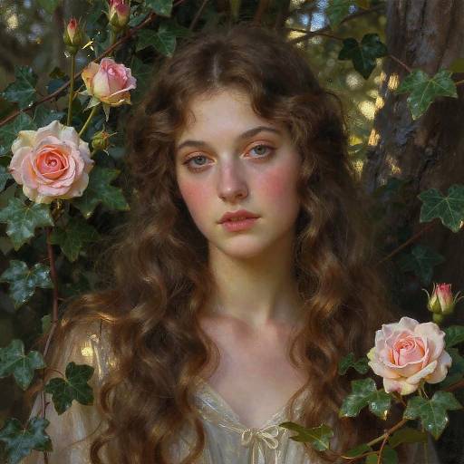 Digital painting of a young woman with curly brown hair, pink blush, and pale skin, surrounded by pink roses and green leaves, with soft, glowing