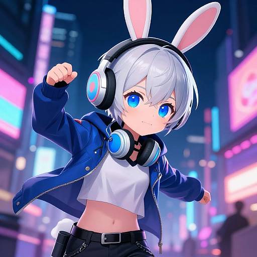 Digital anime-style artwork of a young person with white hair, blue eyes, bunny ears, and headphones, wearing a blue jacket and white crop top,