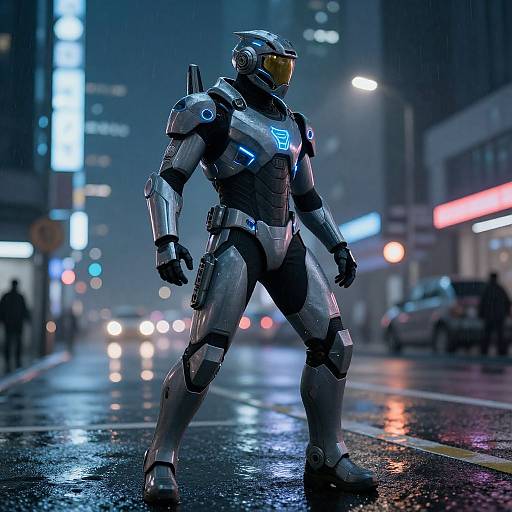 CGI image of a futuristic, silver armored soldier with a yellow visor walking in a rain-soaked, neon-lit city street at night.