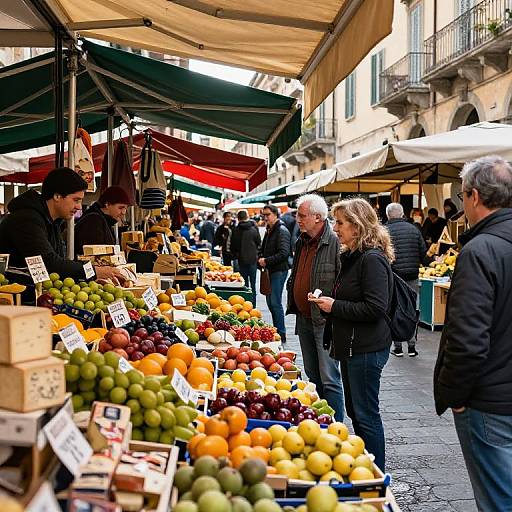 Photograph of a bustling outdoor market with colorful fruit stalls, people browsing, and overhead canopies in an urban setting.