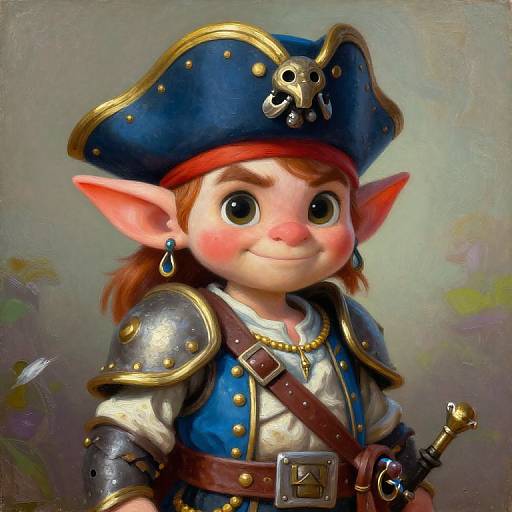 Digital painting of a cute, wide-eyed, red-haired elf pirate with large ears, wearing a blue tricorn hat with skull emblem, armor, and