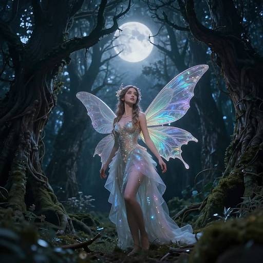 Photograph of a fairy-like woman with iridescent wings, wearing a sparkling, translucent dress, standing in a mystical forest under a full moon.