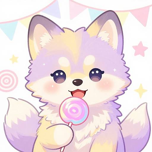 Cute, fluffy white and pastel-colored cartoon fox with large eyes, holding a pink and white swirled lollipop, smiling, against a
