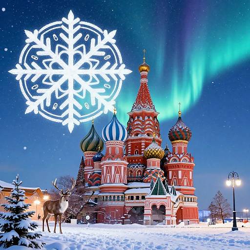 Photograph of the illuminated Kremlin at night, with a large white snowflake overlay, colorful domes, aurora borealis, and a snowy landscape