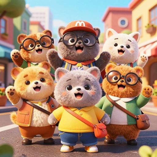 CGI image of five cute, fluffy anthropomorphic bears wearing glasses and colorful outfits, standing on a sunny street, waving joyfully.