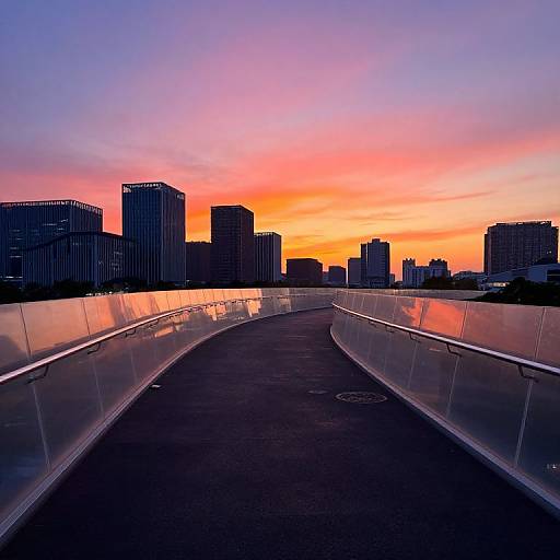 Sunset Cityscape with Curved Bridge