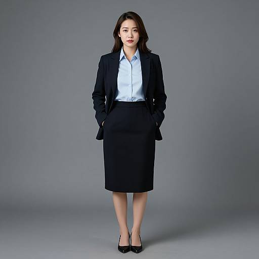 Photograph of a young Asian woman with long brown hair, wearing a black blazer, white shirt, black knee-length skirt, and black heels,
