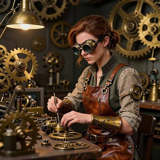 Steampunk woman with goggles and brown leather apron, working on intricate brass gears under a hanging lamp in a gear-filled workshop. Photorealistic
