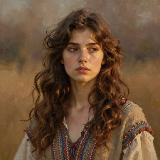 Digital painting of a young woman with wavy brown hair, fair skin, and serious expression, wearing a detailed, embroidered blouse, against a blurred,