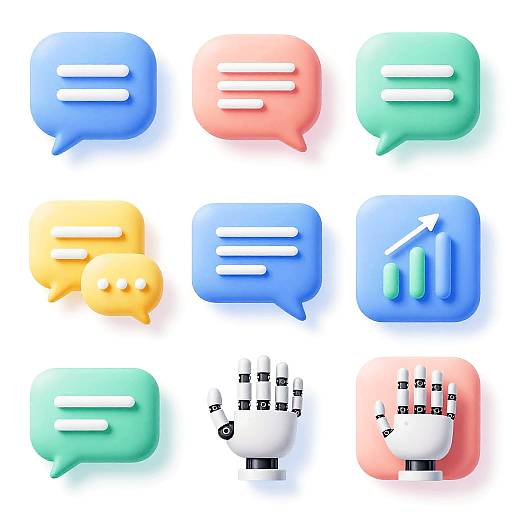 Grid of nine colorful, 3D, speech bubble icons with white lines, featuring various shapes and colors, including blue, pink, green, yellow