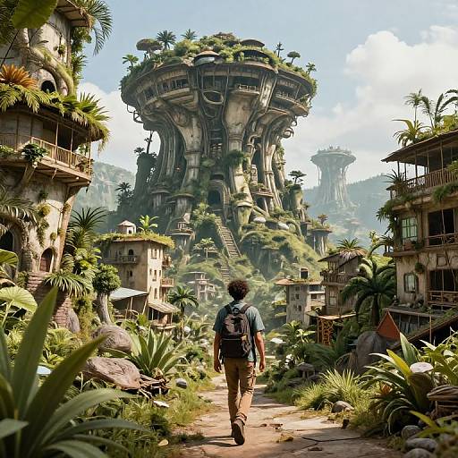 Digital art of a backpacker walking towards towering, lush, futuristic treehouses in a dense, tropical village with overgrown buildings.