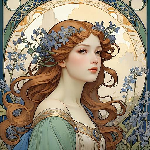Art Nouveau Woman with Bluebells