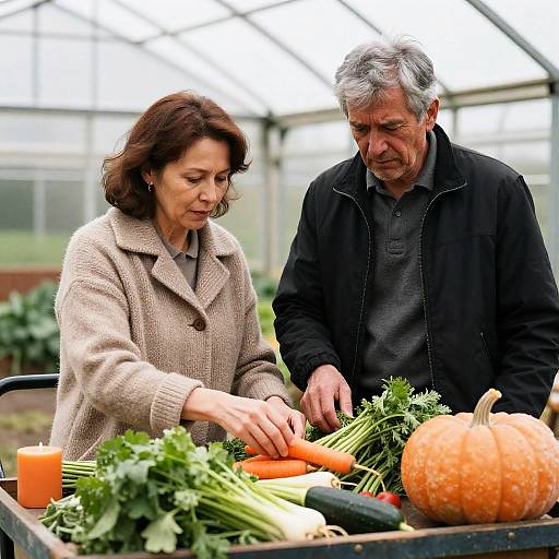 Middle-Aged Couple in a Vegetable Cart