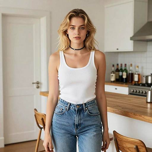 Photograph of a blonde woman with wavy hair, wearing a white tank top and blue jeans, standing in a modern white kitchen with wooden countertops and