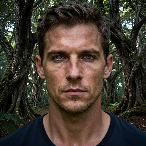 Close-up photograph of a serious, blue-eyed, light-skinned man with short brown hair, wearing a black shirt, standing in a dense, shadow