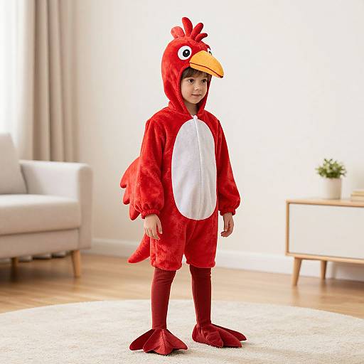 Photograph of a young boy in a bright red chicken costume with a yellow beak, white chest, and red feet, standing in a bright,