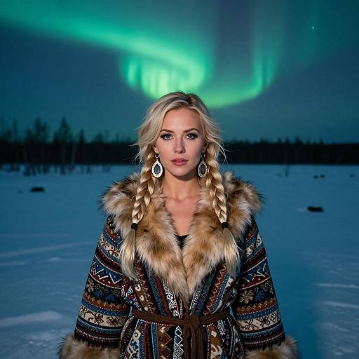 Photograph of a blonde woman with braided hair, wearing a patterned fur-trimmed coat, standing in a snowy landscape under vibrant green northern