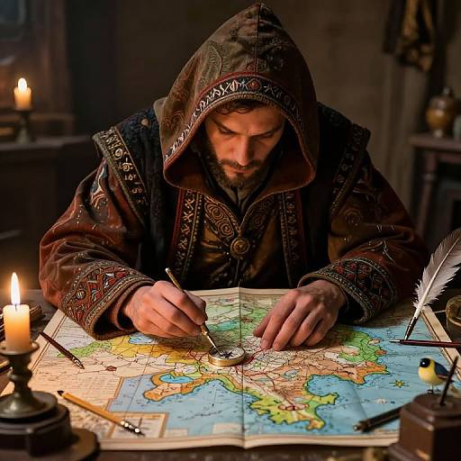 Medieval man with beard, hooded brown robe, quill in hand, marking map by candlelight; feathers and inkstand on table. Phot