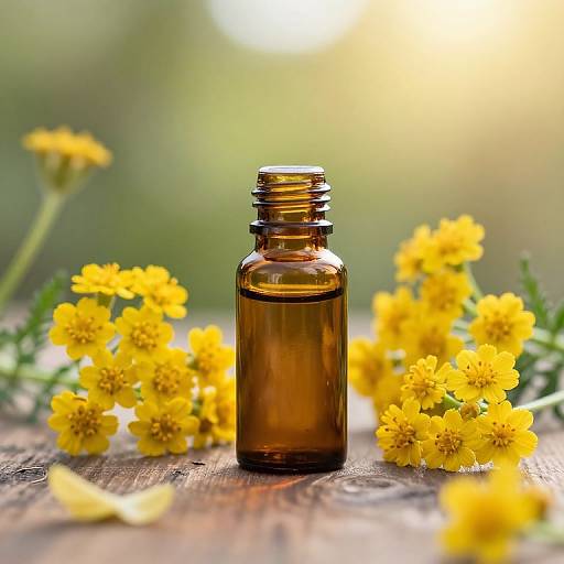 Photograph of a brown amber dropper bottle surrounded by bright yellow wildflowers on a rustic wooden surface, with a blurred green and yellow background.