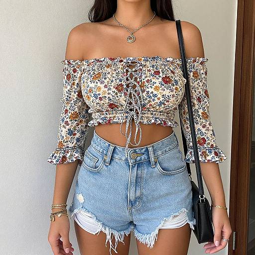 Photograph of a woman with long dark hair, wearing a floral off-shoulder crop top, high-waisted denim shorts, and a black
